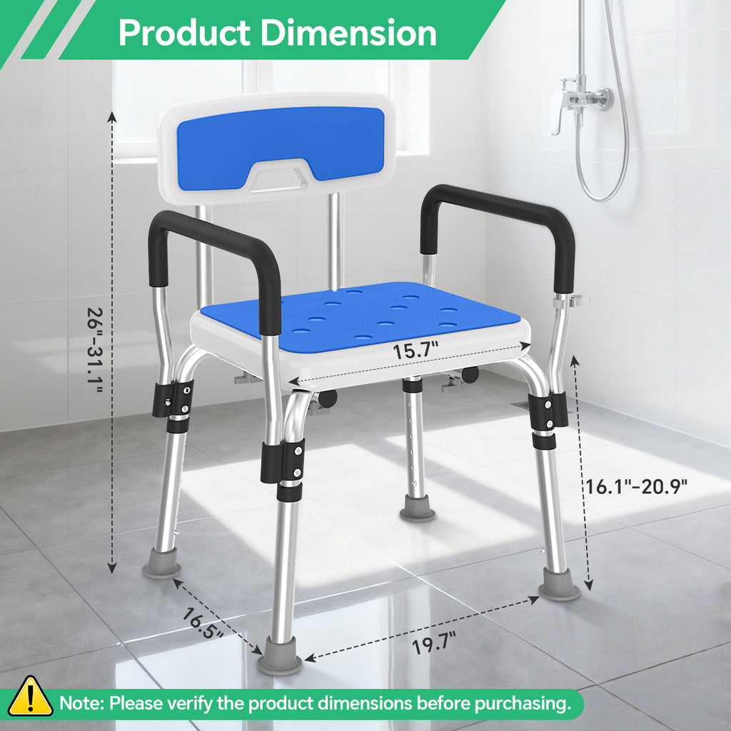 TNTANTS Shower Chair, Shower Stool for Inside Shower with Removable Armrests & Back, Upgraded Supports up to 350lbs, Adjustable Height Shower Bench for Elderly Disabled