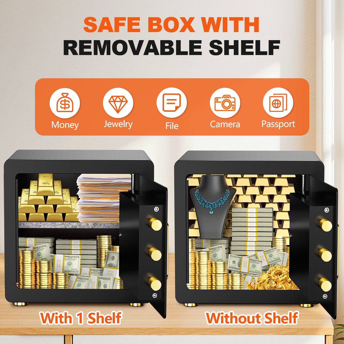 RYCUZO 2.5 Cuft Safe Box, Digital Keypad Home Security Safe With Fireproof Waterproof Bag & Adjustable Shelf