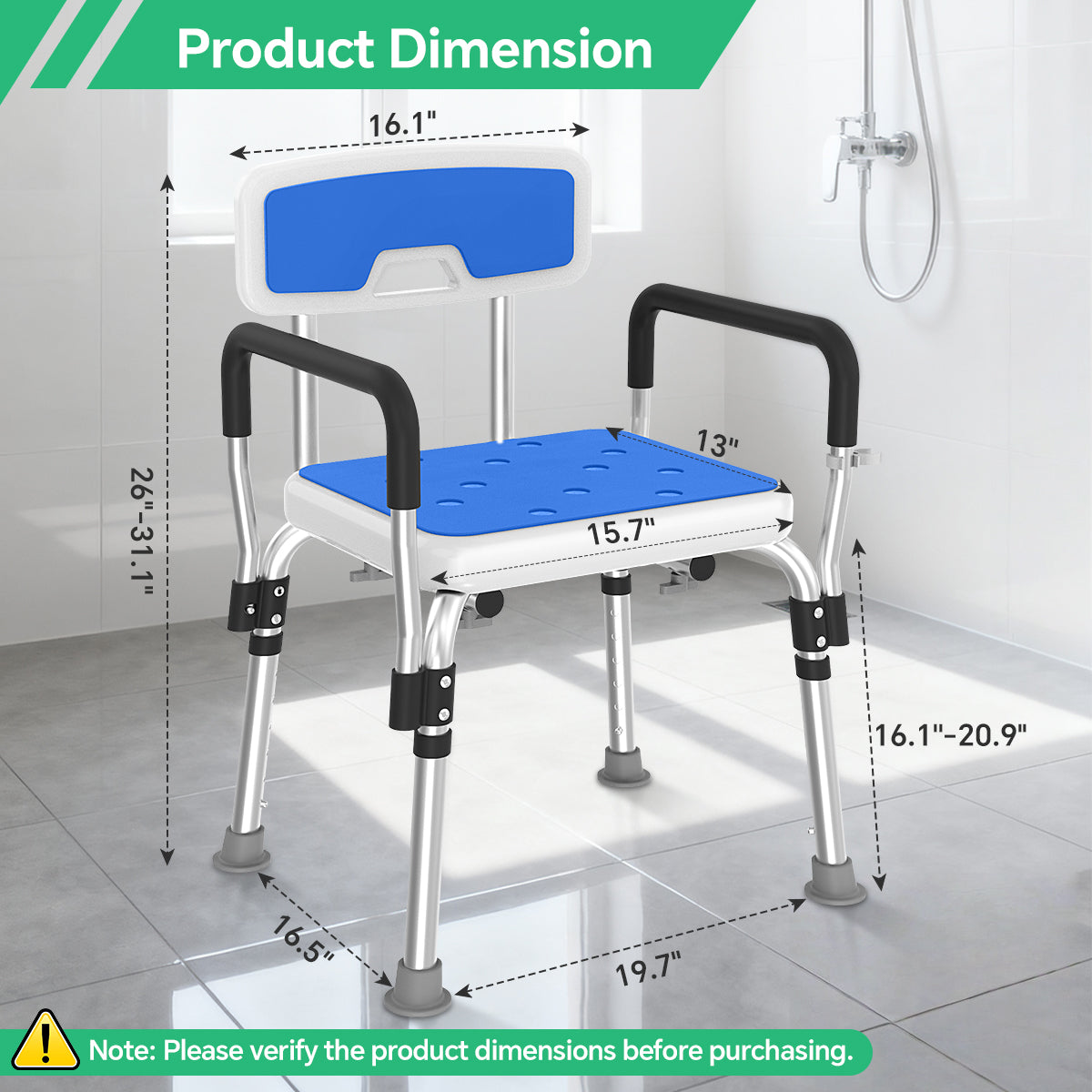TNTANTS Shower Chair, Shower Stool for Inside Shower with Removable Armrests & Back, Upgraded Supports up to 350lbs, Adjustable Height Shower Bench for Elderly Disabled