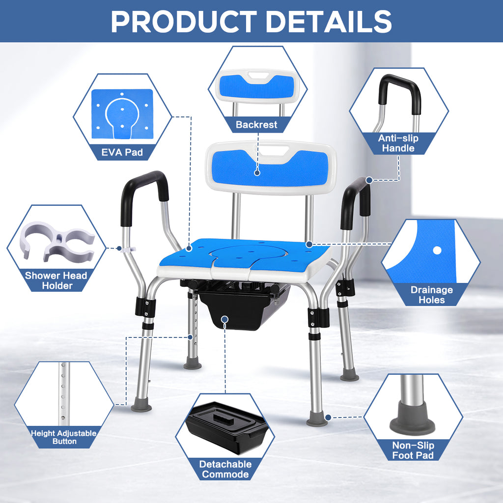 TNTANTS Shower Chair with Bedside Commode, Versatile 3 in 1 Shower Stool for Inside Shower, Raised Toilet Seat with Height Adjustable for Elderly, Disabled