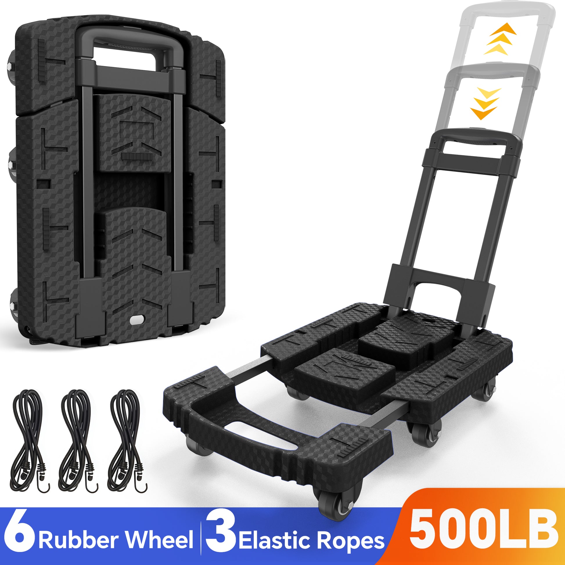 TNTANTS Hand Truck, 500 LB Heavy Duty Portable Dolly, Folding Dolly Cart with 6 Wheels & 3 Elastic Ropes for Luggage, Travel, Moving, Shopping, Office Use, Black