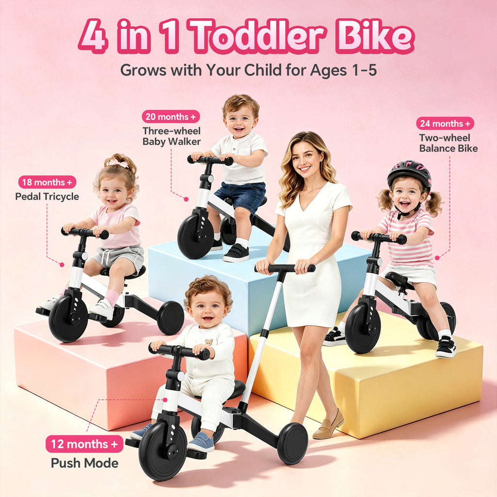 ODKDY 4 in 1 Toddler Bike, Kids Tricycle for 1-5 Years Old, Toddler Tricycle for Boy Girl, Baby Balance Bike with Parent Steering Push Handle, Removable Pedal, Adjustable Seat White