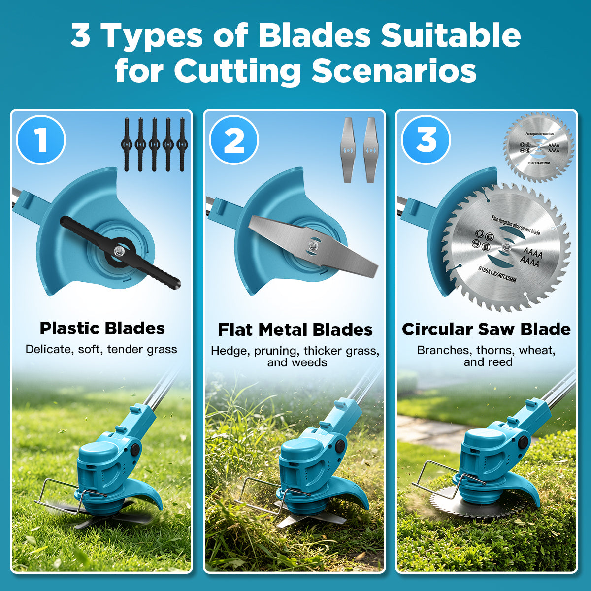 TNTANTS Weed Wacker Cordless, 3-in-1 Lightweight Electric String Trimmer with 3 Types of Blades, Wheels, 24V Battery, Weed Eater Grass Trimmer/Edger/Brush Cutter for Lawn Yard Garden (Blue)
