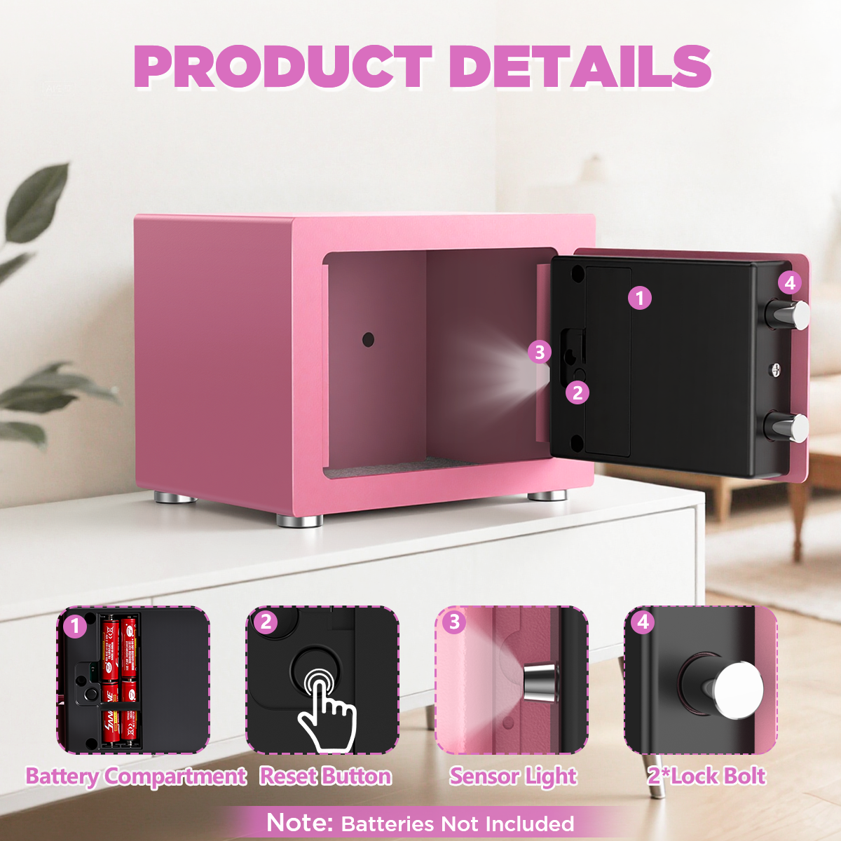SYSENFO Electronic Digital Safe Box, 0.25 Cubic Feet Home Security Box for Office Hotel Business, Lock Box with Key Keypad for Cash Jewelry Pink