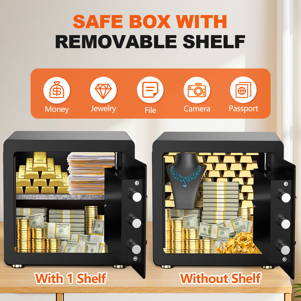 Gemaisil 2.5 Cuft Safe Box for Home & Office, Digital Keypad Home Security Safe With Fireproof Waterproof Bag & Adjustable Shelf(Black)