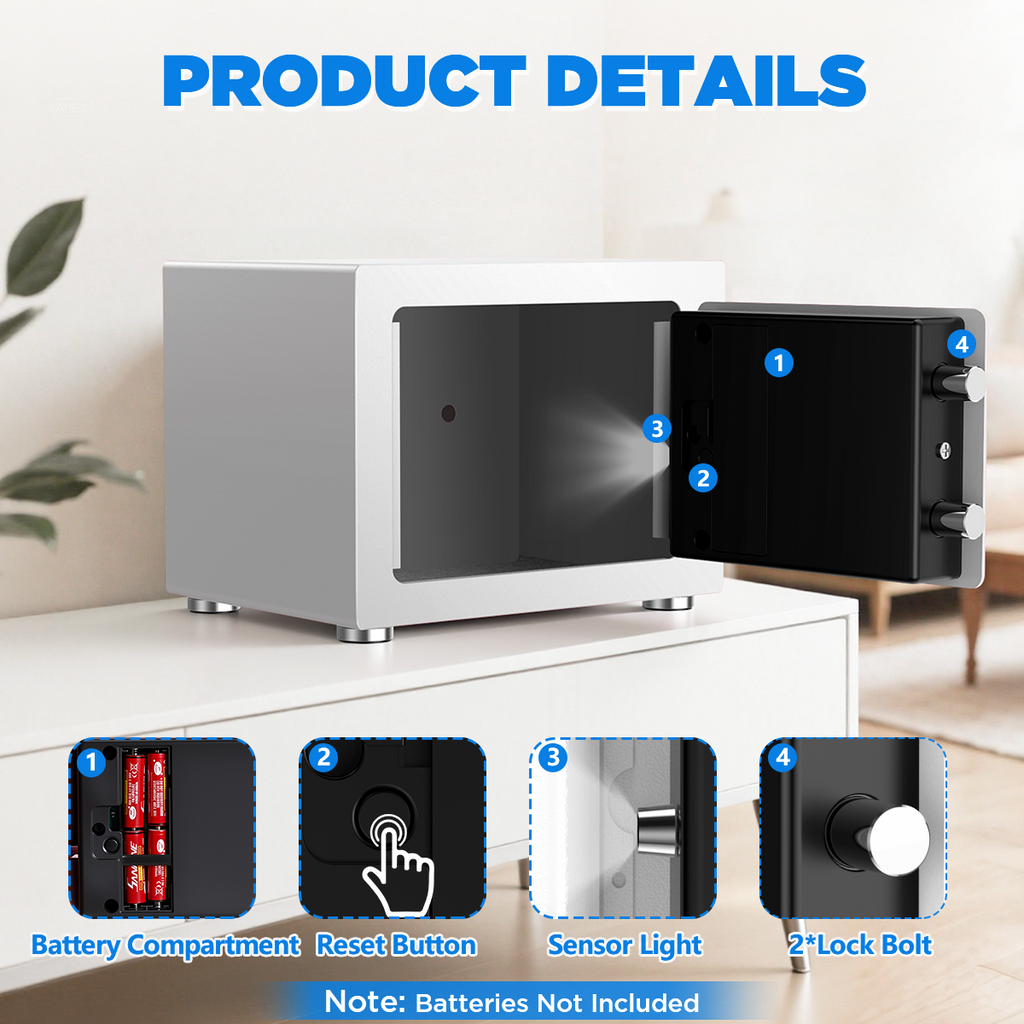 SYSENFO Electronic Digital Safe Box, 0.25 Cubic Feet Home Security Box for Office Hotel Business, Lock Box with Key Keypad for Cash Jewelry White