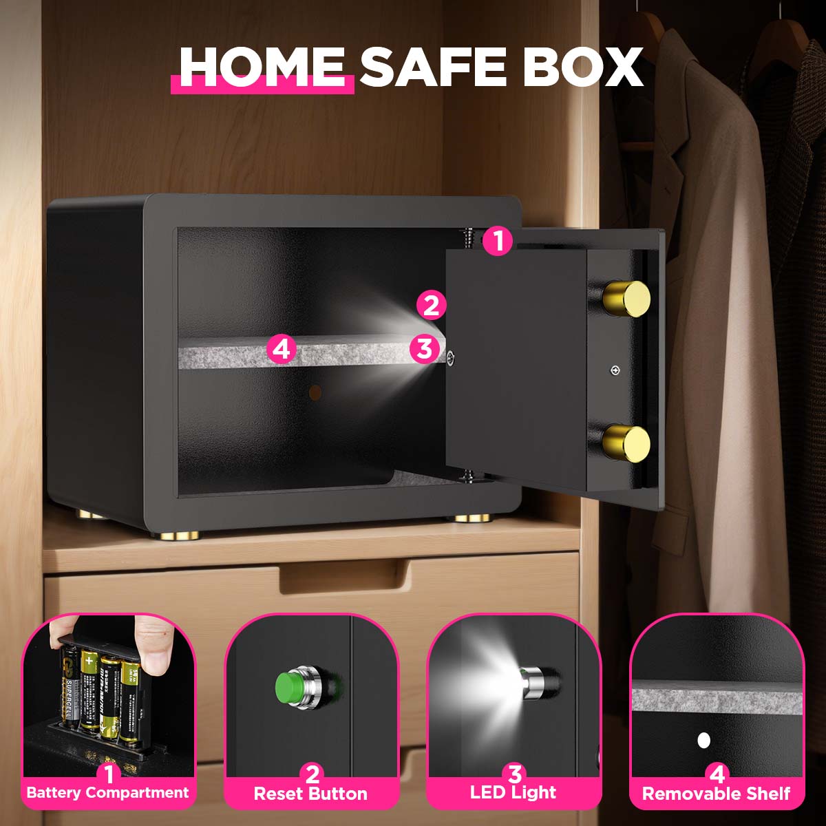 BESAFETY 1.5 Cuft Safe Box, Digital Keypad Home Security Safe With Fireproof Waterproof Bag & Adjustable Shelf