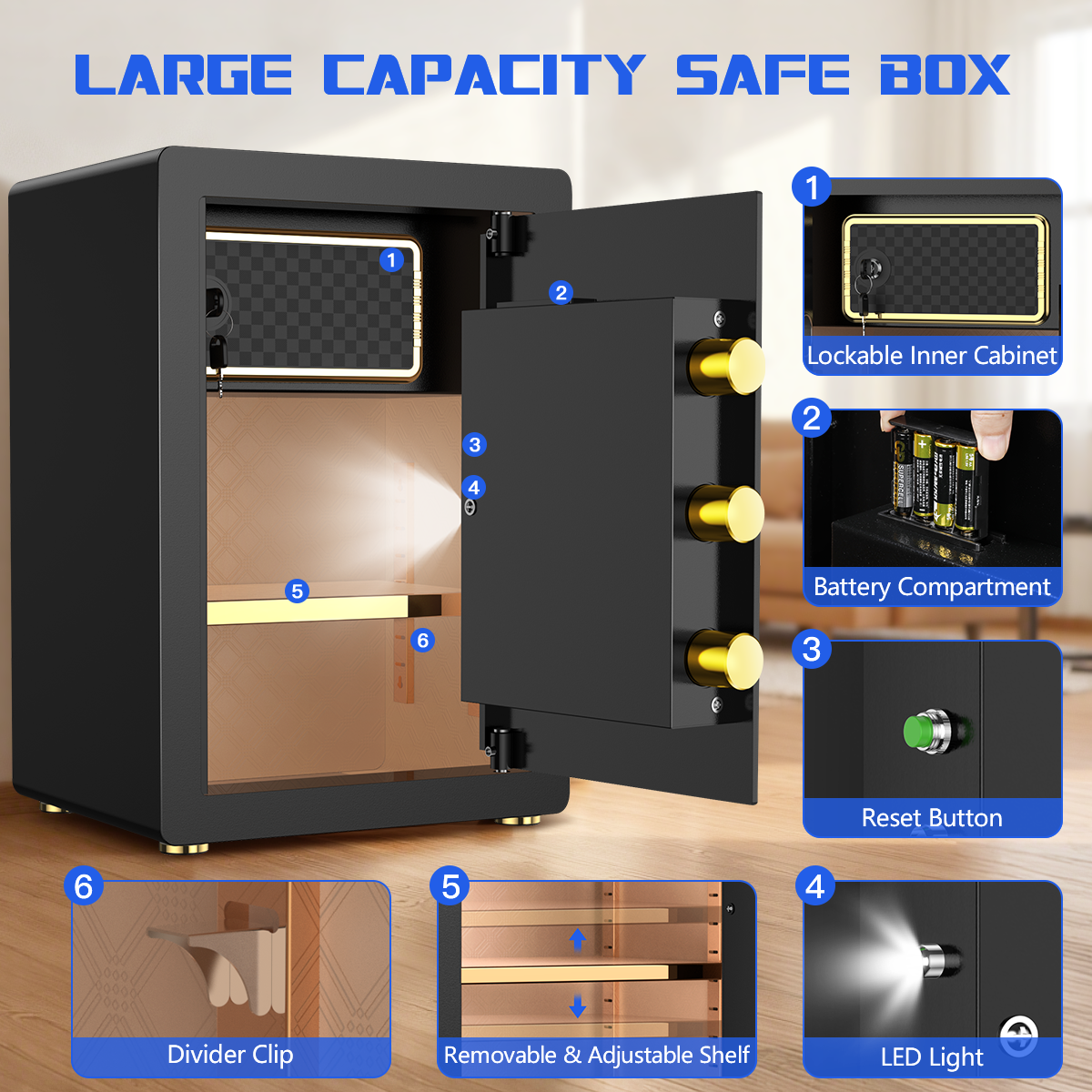 BESAFETY 5.0 Cuft Large Safe Box, Security Home Safe with Interior Safe Lock Box, Fireproof Waterproof Document Bag, Electronic Keypad Digital Lock, for House Office