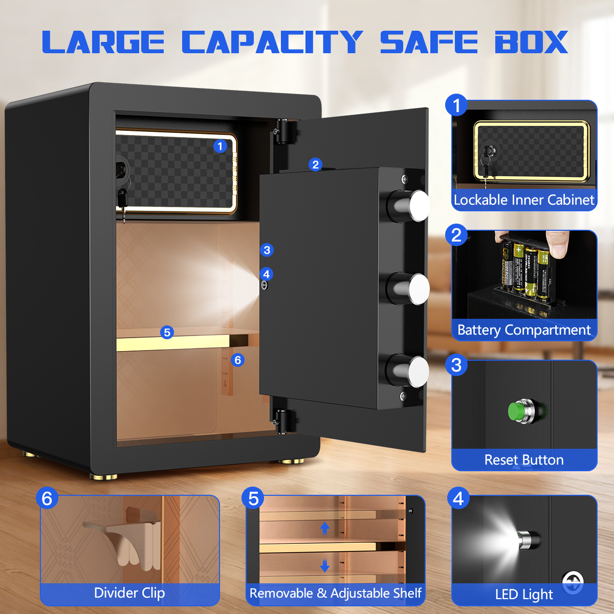 Gemaisil Large 5.0 Cuft Security Safe Box for Home & Office, Electronic Safe with Digital Keypad Lock, Built-in Dual Alarm System & Fireproof Bag(Black)