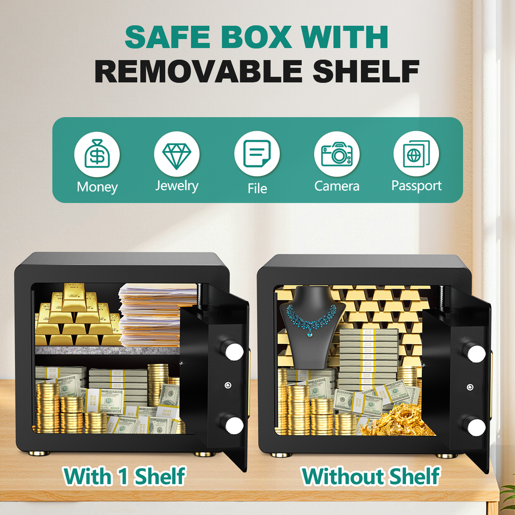 SYSENFO 1.5 Cuft Safe Box, Digital Keypad Home Security Safe With Fireproof Waterproof Bag & Adjustable Shelf