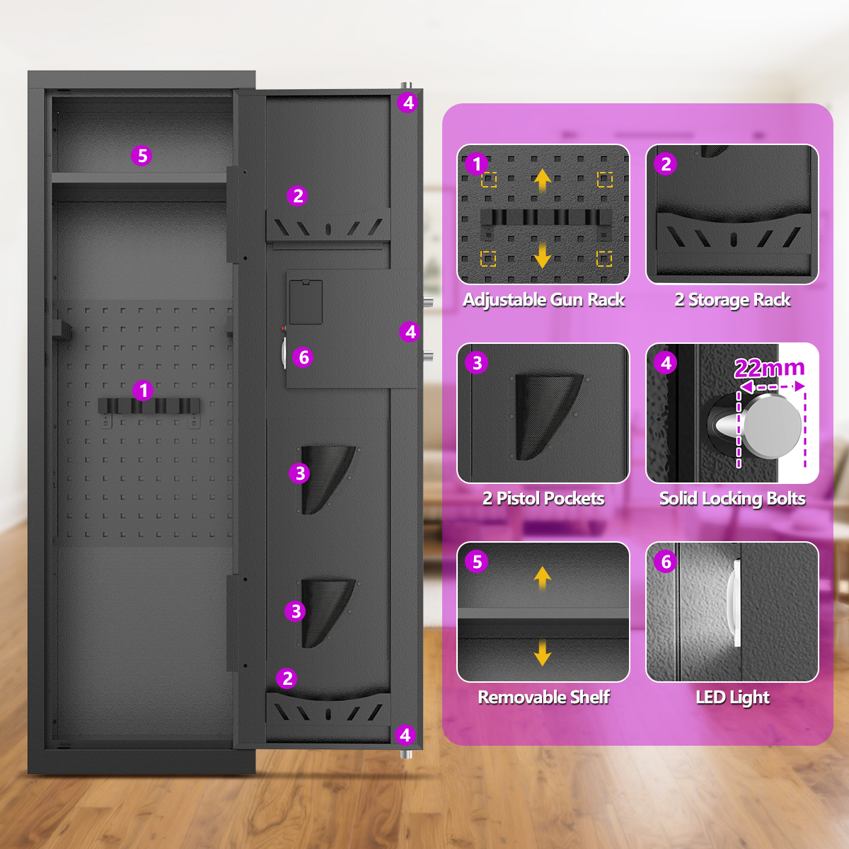Gemaisil 8-10 Gun Cabinet with Removable Shelves & Pegboard, Quick Access Digital Keypad Safe for Rifles & Pistols with Alarm System, Unassembled Home Storage Gun Safe