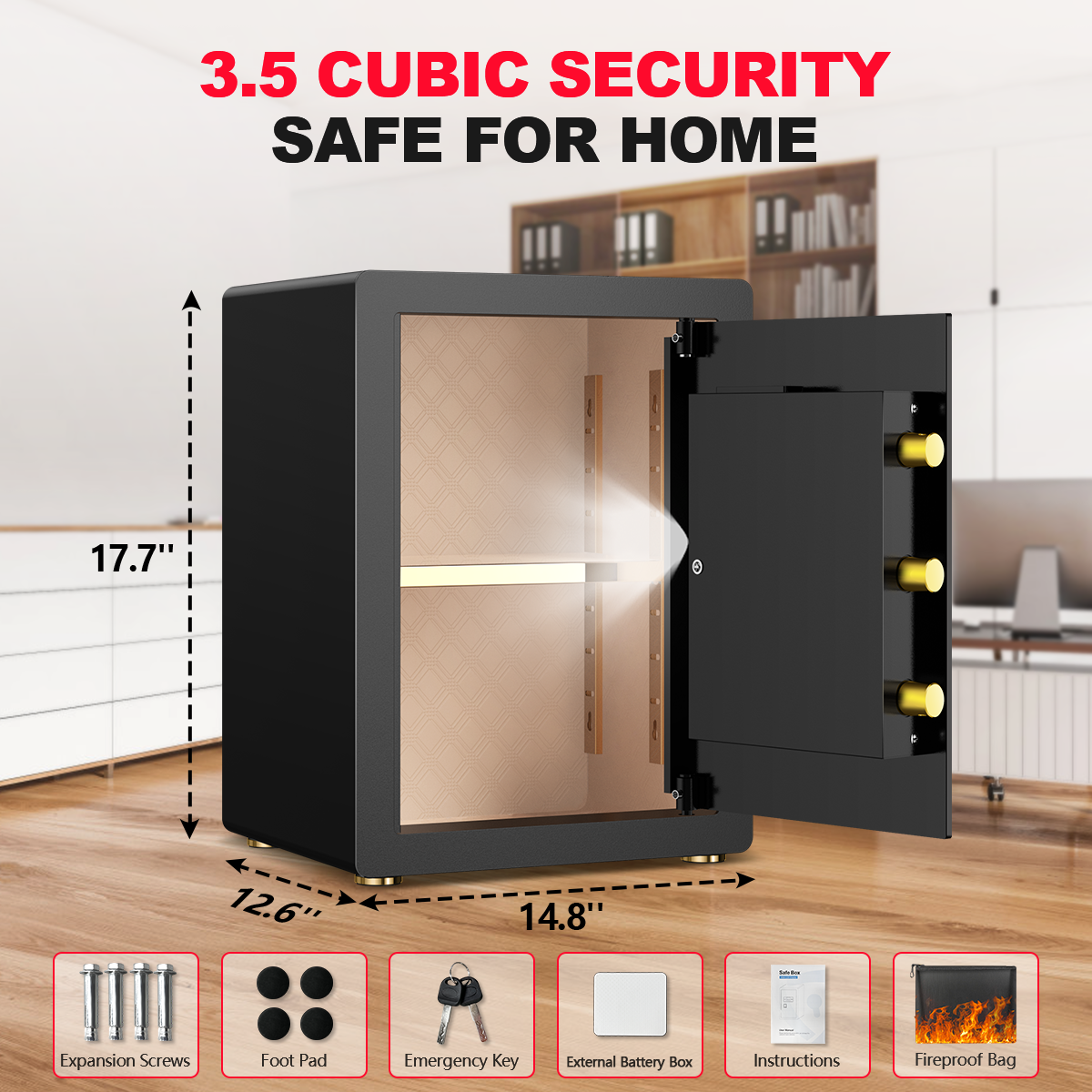 BESAFETY 3.5 Cuft Large Safe Box, Digital Keypad Home Security Safe With Fireproof Bag & Alarm System(Black)
