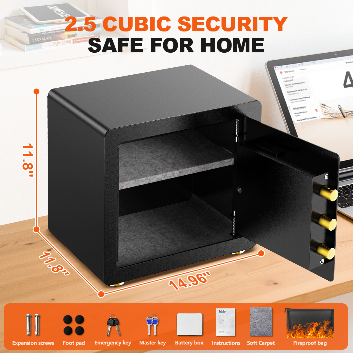 SYSENFO 2.5 Cuft Safe Box, Digital Keypad Home Security Safe With Fireproof Waterproof Bag & Adjustable Shelf