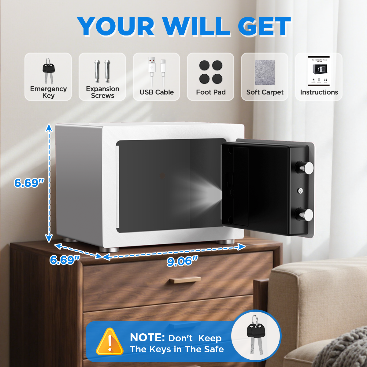 SYSENFO Electronic Digital Safe Box, 0.25 Cubic Feet Home Security Box for Office Hotel Business, Lock Box with Key Keypad for Cash Jewelry White