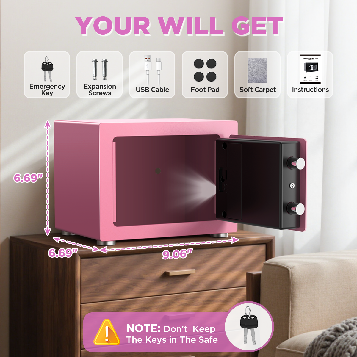 SYSENFO Electronic Digital Safe Box, 0.25 Cubic Feet Home Security Box for Office Hotel Business, Lock Box with Key Keypad for Cash Jewelry Pink