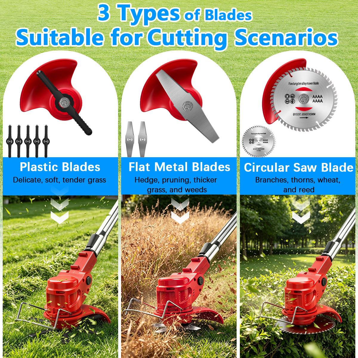 TNTANTS Electric Weed Wacker, Cordless String Trimmer with Wheels, 2Pcs 24V Batteries, 3 Types of Blades, Adjustable Length, Weed Eater Grass Trimmer/Edger/Brush Cutter for Lawn Yard Garden (Red)