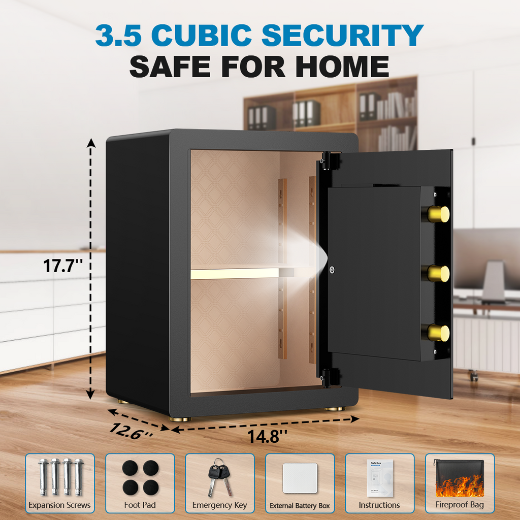 BESAFETY 3.5 Cuft Large Safe Box, Digital Keypad Home Security Safe With Fireproof Bag & Alarm System(Black)