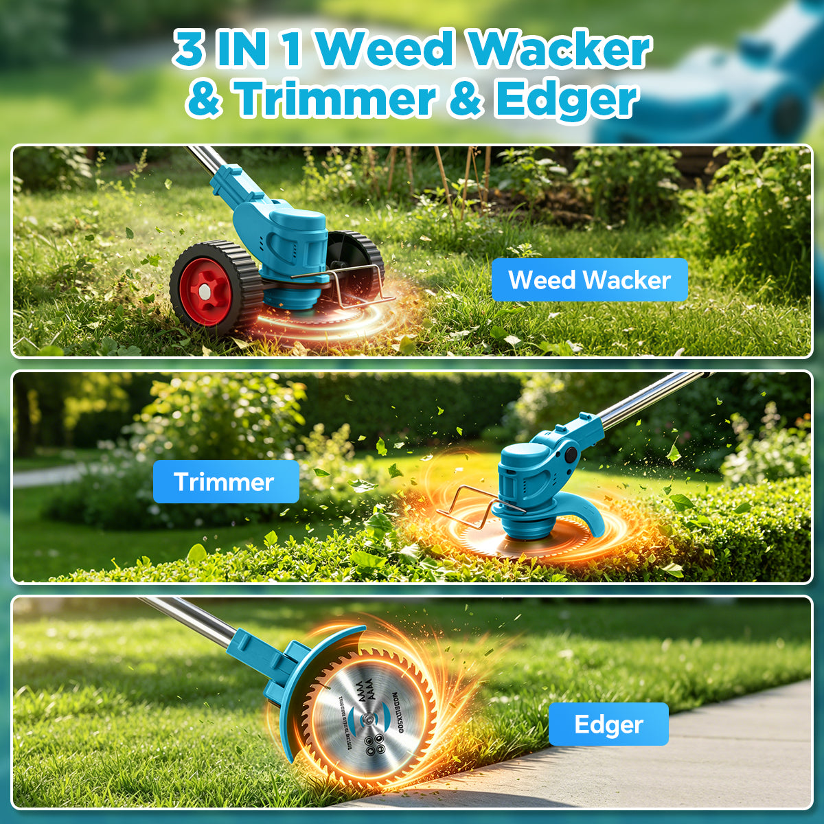 TNTANTS Weed Wacker Cordless, 3-in-1 Lightweight Electric String Trimmer with 3 Types of Blades, Wheels, 24V Battery, Weed Eater Grass Trimmer/Edger/Brush Cutter for Lawn Yard Garden (Blue)
