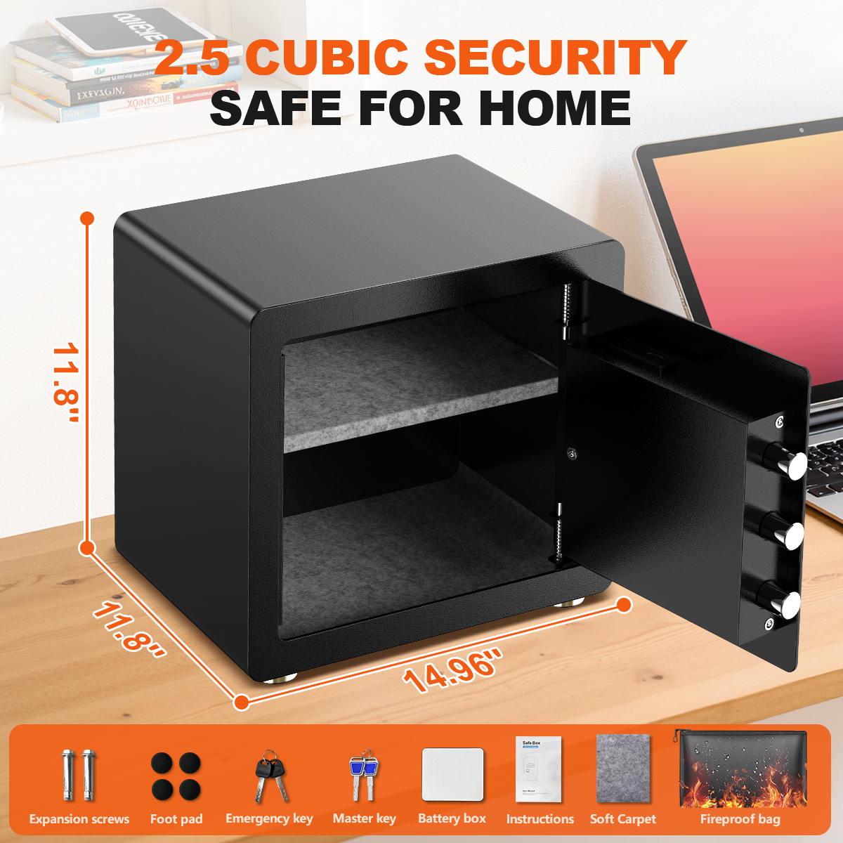 Gemaisil 2.5 Cuft Safe Box for Home & Office, Digital Keypad Home Security Safe With Fireproof Waterproof Bag & Adjustable Shelf(Black)