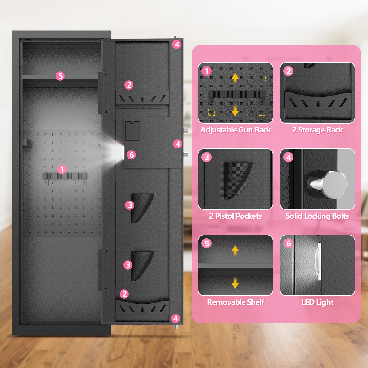 Gemaisil New 8-10 Gun Cabinet, Quick Access Numeric Keypad Safe for Rifles and Handguns, Removable Shelves and Hanging Panels, Unassembled Home Locker