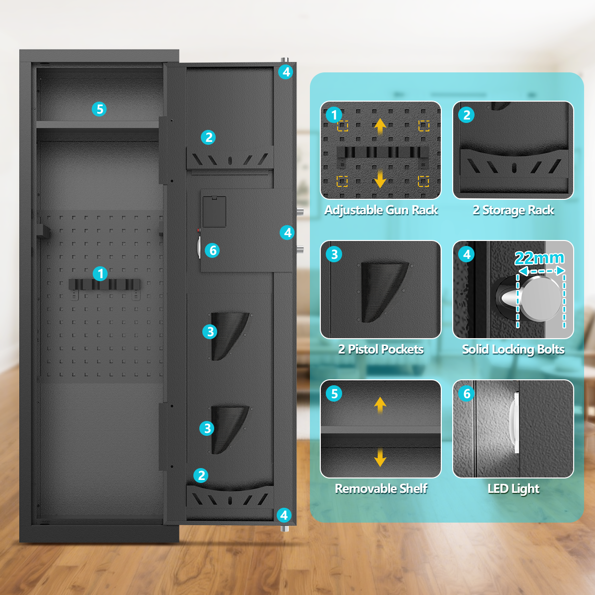 Gemaisil New 8-10 Gun Cabinet, Quick Access Numeric Keypad Safe for Rifles and Handguns, Removable Shelves and Hanging Panels, Unassembled Home Locker