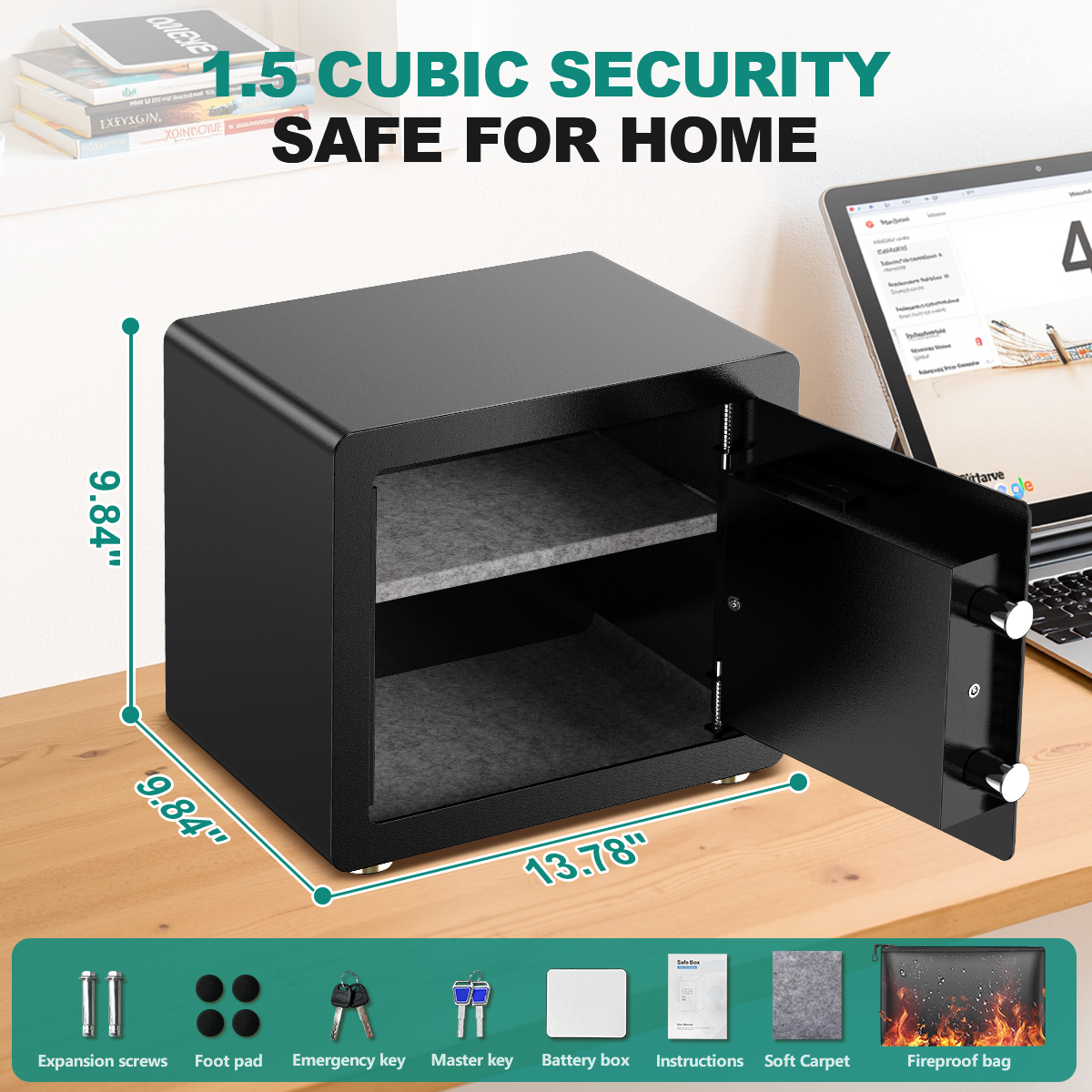 SYSENFO 1.5 Cuft Safe Box, Digital Keypad Home Security Safe With Fireproof Waterproof Bag & Adjustable Shelf