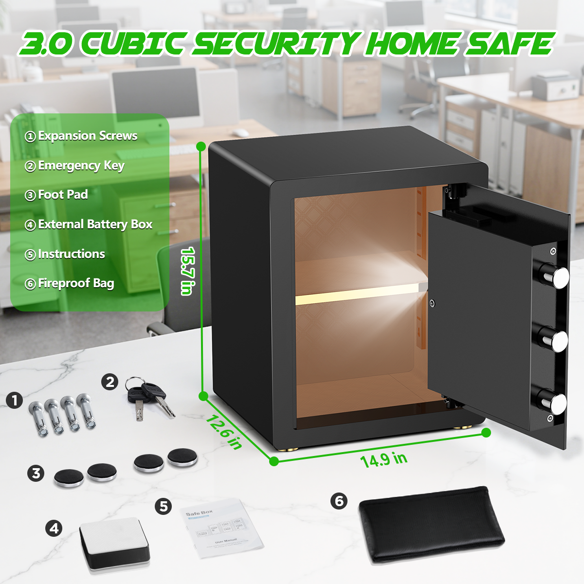 Gemaisil 3.0 Cuft Safe Box with Digital Keypad, Security Safe with Fireproof Waterproof Bag, Adjustable Shelf, Alarm System, Office & Home Safes for Cash, Jewelry, Documents, Black