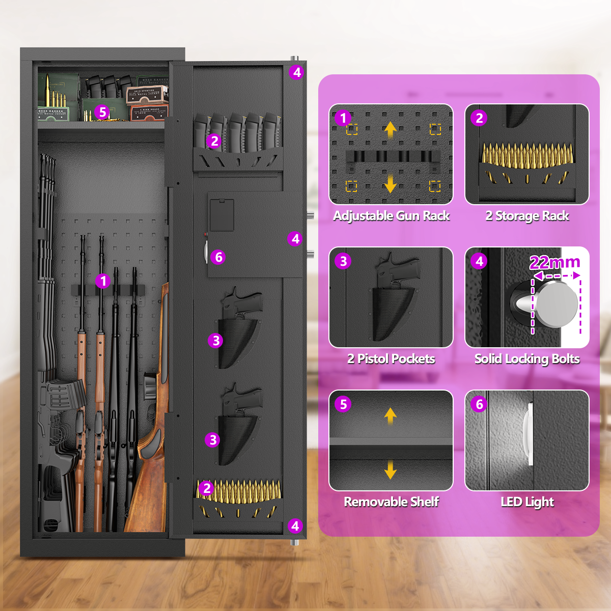 RYCUZO 8-10 Gun Cabinet, Quick Access Long Gun Safe for Home Rifles and Pistols, Large Unassembled Rifle Safe with Removable Shelves, Digital Keypad, Pegboard