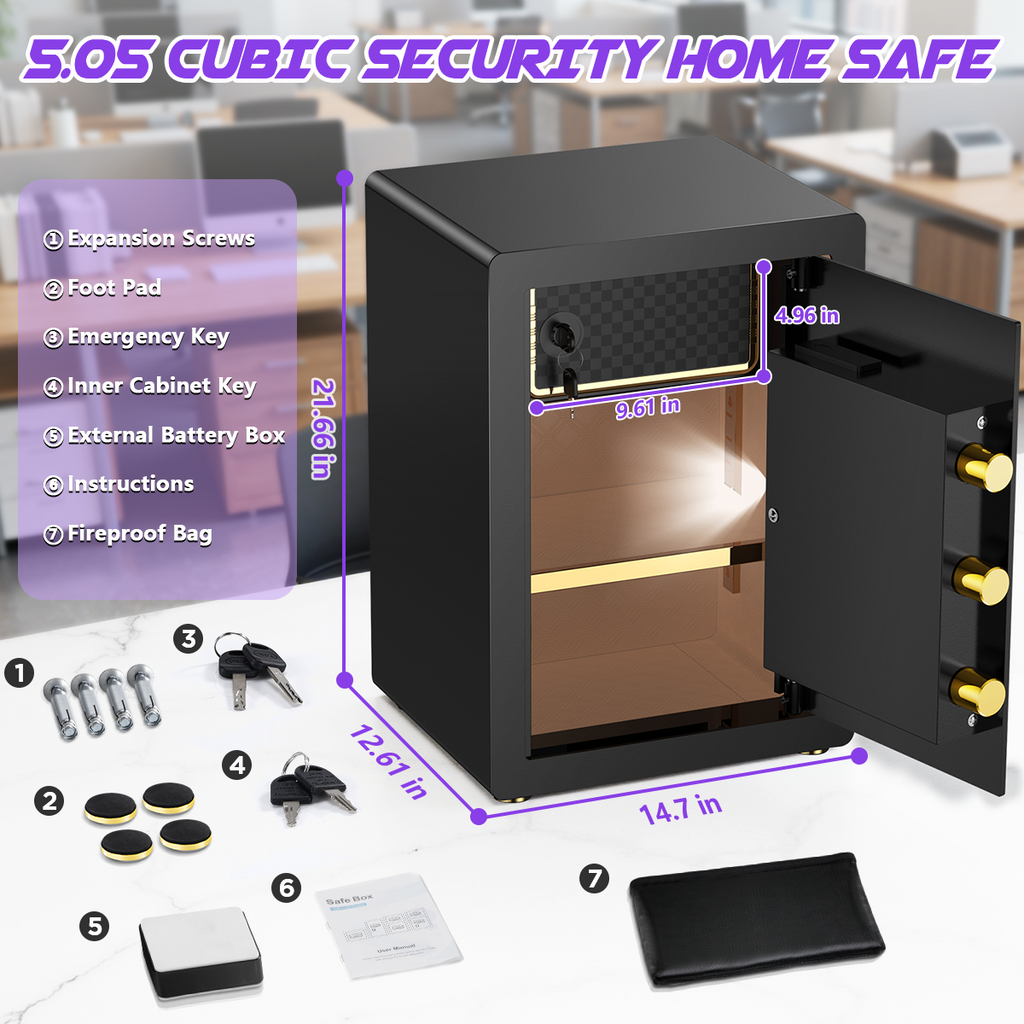 SYSENFO 5.0 Cuft Digital Security Safe Box, Fireproof Waterproof Bag & Adjustable Shelves for Home & Office(Black)