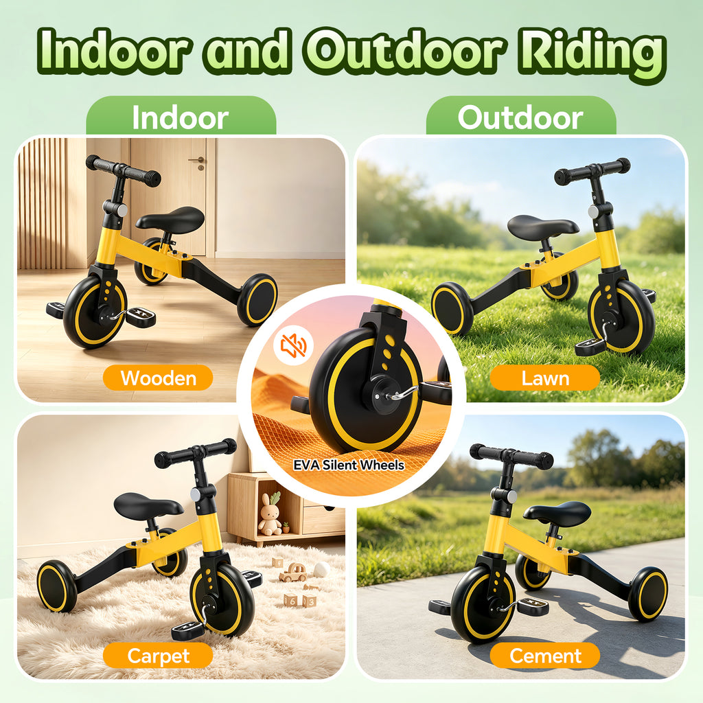 ODKDY 4 in 1 Toddler Bike, Kids Tricycle for 1-5 Years Old, Toddler Tricycle for Boy Girl, Baby Balance Bike with Parent Steering Push Handle, Removable Pedal, Adjustable Seat Yellow
