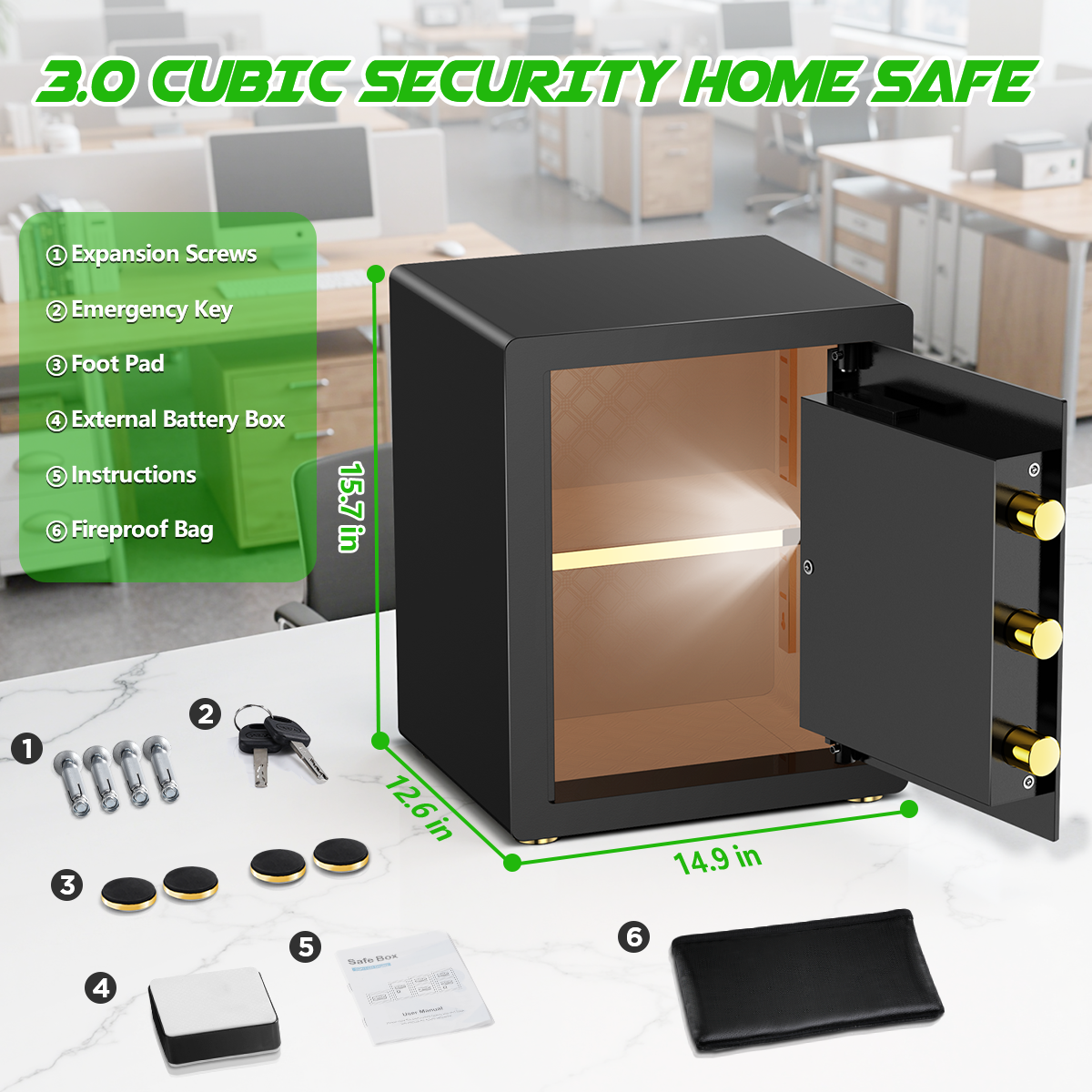 BESAFETY 3.0 Cuft Large Security Safe Box, Digital Keypad Lock, Built-in Alarm System & Fireproof Bag, Home & Office Safe for Cash, Valuables (Black)