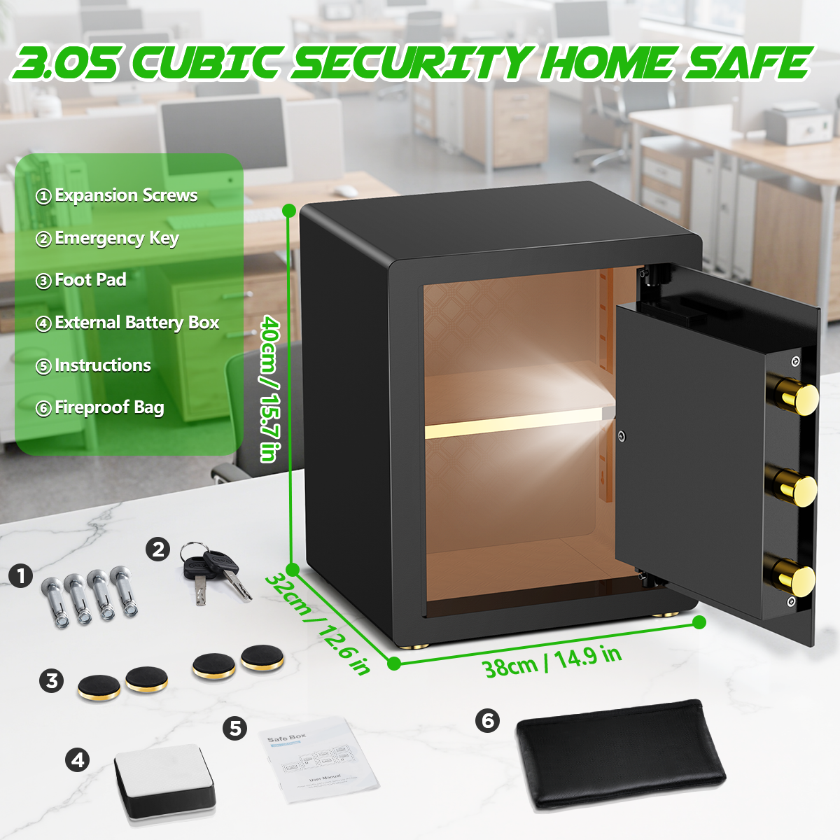 RYCUZO 3.0 Cuft Large Security Safe Box, Digital Keypad Lock, Built-in Alarm System & Fireproof Waterproof Bag, Home & Office Safe for Cash, Valuables (Black)