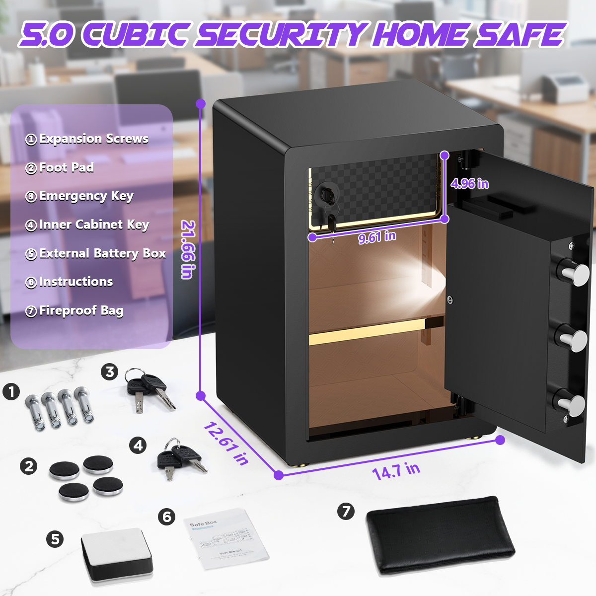 Gemaisil 5.0 Cuft Large Security Safe Box, Digital Keypad Lock, Built-in Alarm System & Fireproof Bag, Home & Office Safe for Save Cash, Valuables (Black)