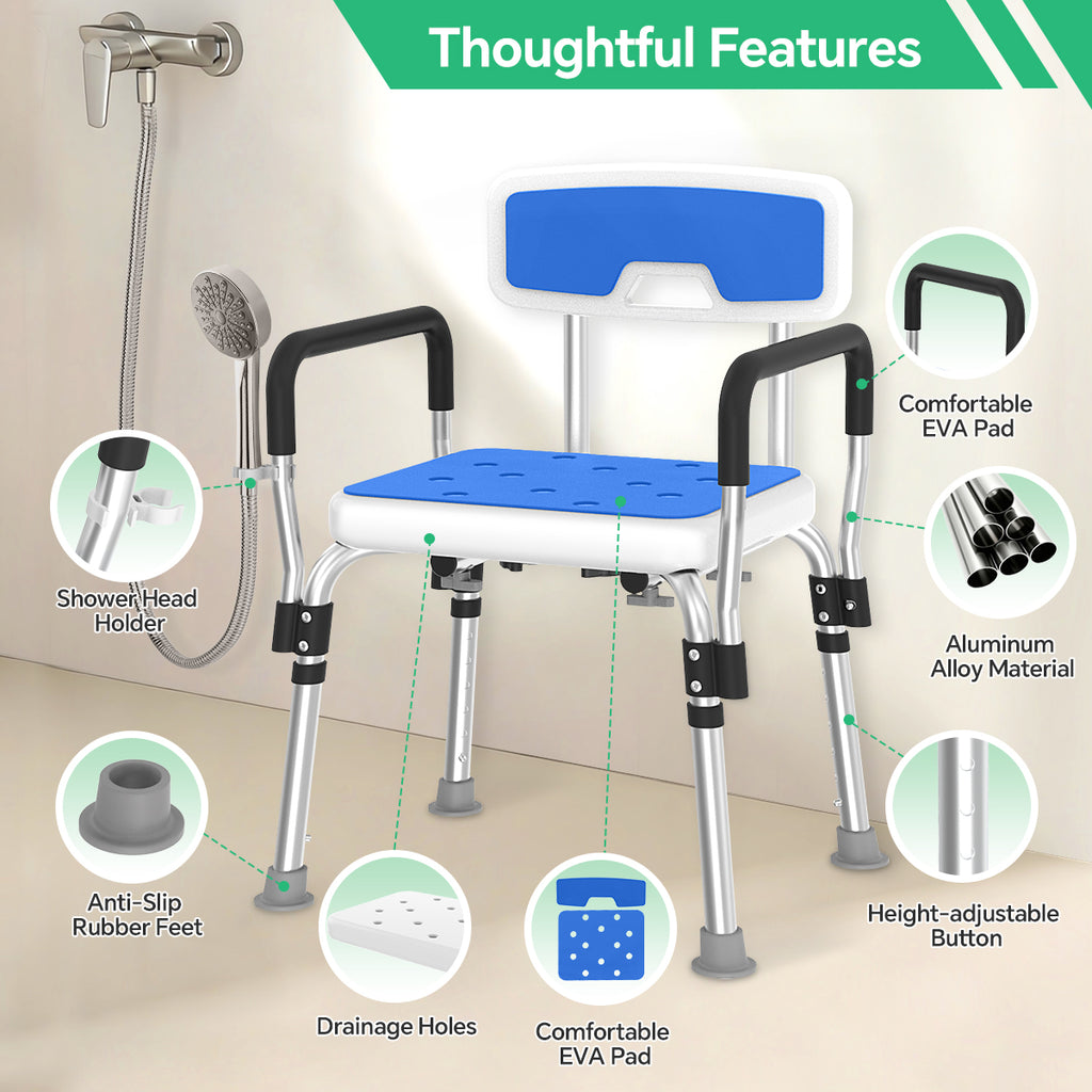TNTANTS Shower Chair for Inside Shower with Armrests & Back, Upgraded Supports up to 350lbs Shower Seat with Padded and Grab Bar, Adjustable Height Shower Bench for Elderly Disabled