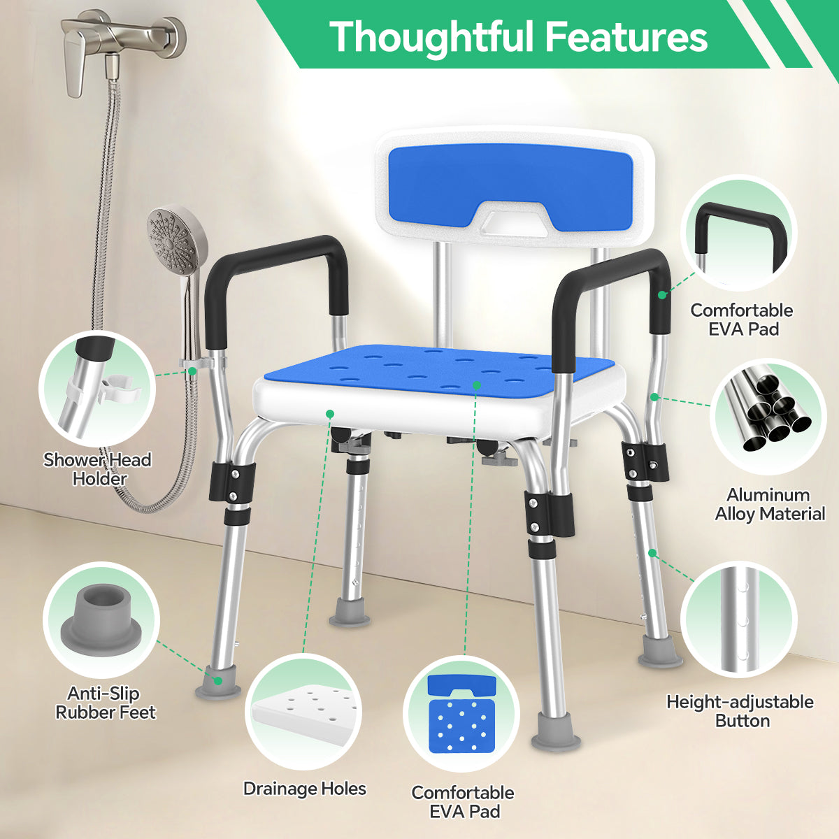 TNTANTS Shower Chair for Inside Shower with Armrests & Back, Upgraded Supports up to 350lbs Shower Seat with Padded and Grab Bar, Adjustable Height Shower Bench for Elderly Disabled