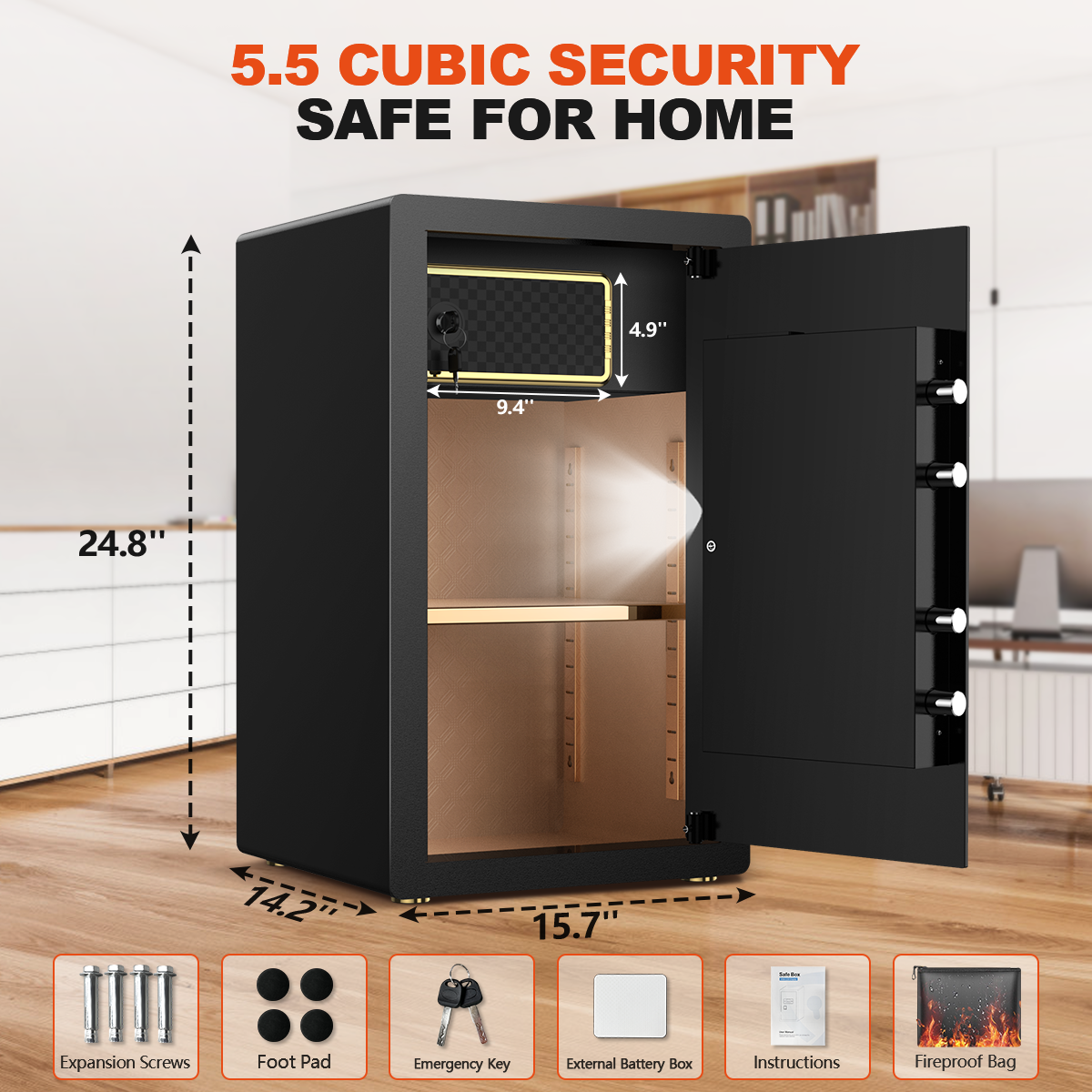 Gemaisil 5.5 Cuft Large Safe Box, Security Home Safe with Interior Safe Lock Box & Fireproof Document Bag