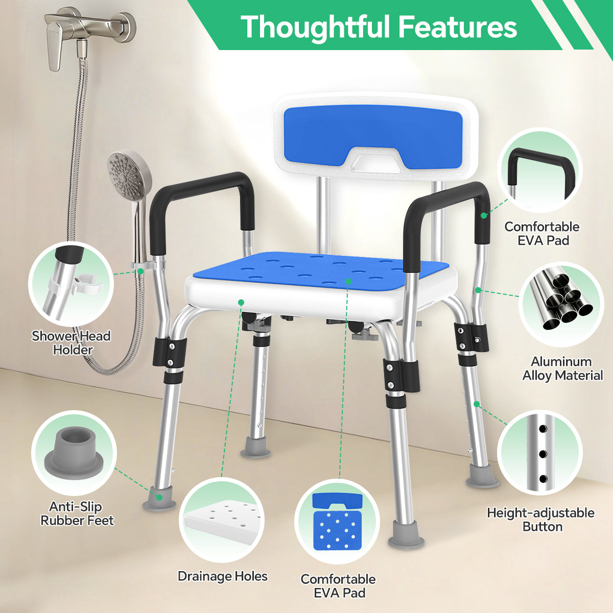 TNTANTS Shower Chair, Shower Stool for Inside Shower with Removable Armrests & Back, Upgraded Supports up to 350lbs, Adjustable Height Shower Bench for Elderly Disabled