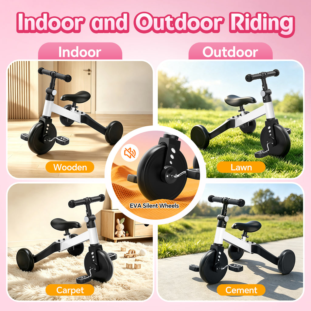 ODKDY 4 in 1 Toddler Bike, Kids Tricycle for 1-5 Years Old, Toddler Tricycle for Boy Girl, Baby Balance Bike with Parent Steering Push Handle, Removable Pedal, Adjustable Seat White