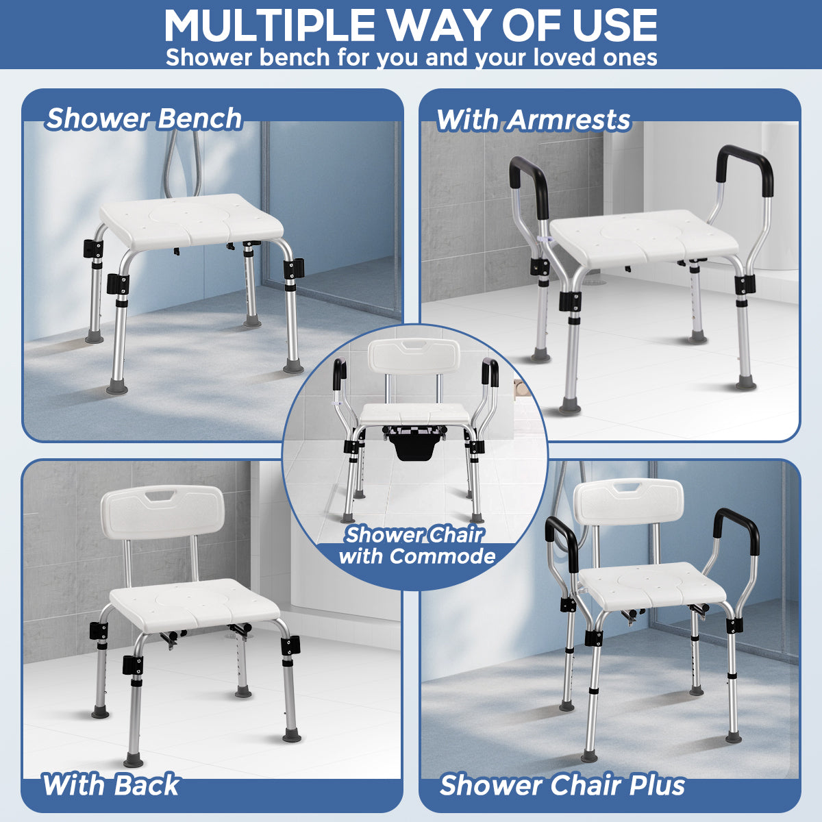 TNTANTS Shower Chair with Bedside Commode, Versatile 3 in 1 Shower Stool for Inside Shower, Raised Toilet Seat with Height Adjustable for Elderly, Disabled