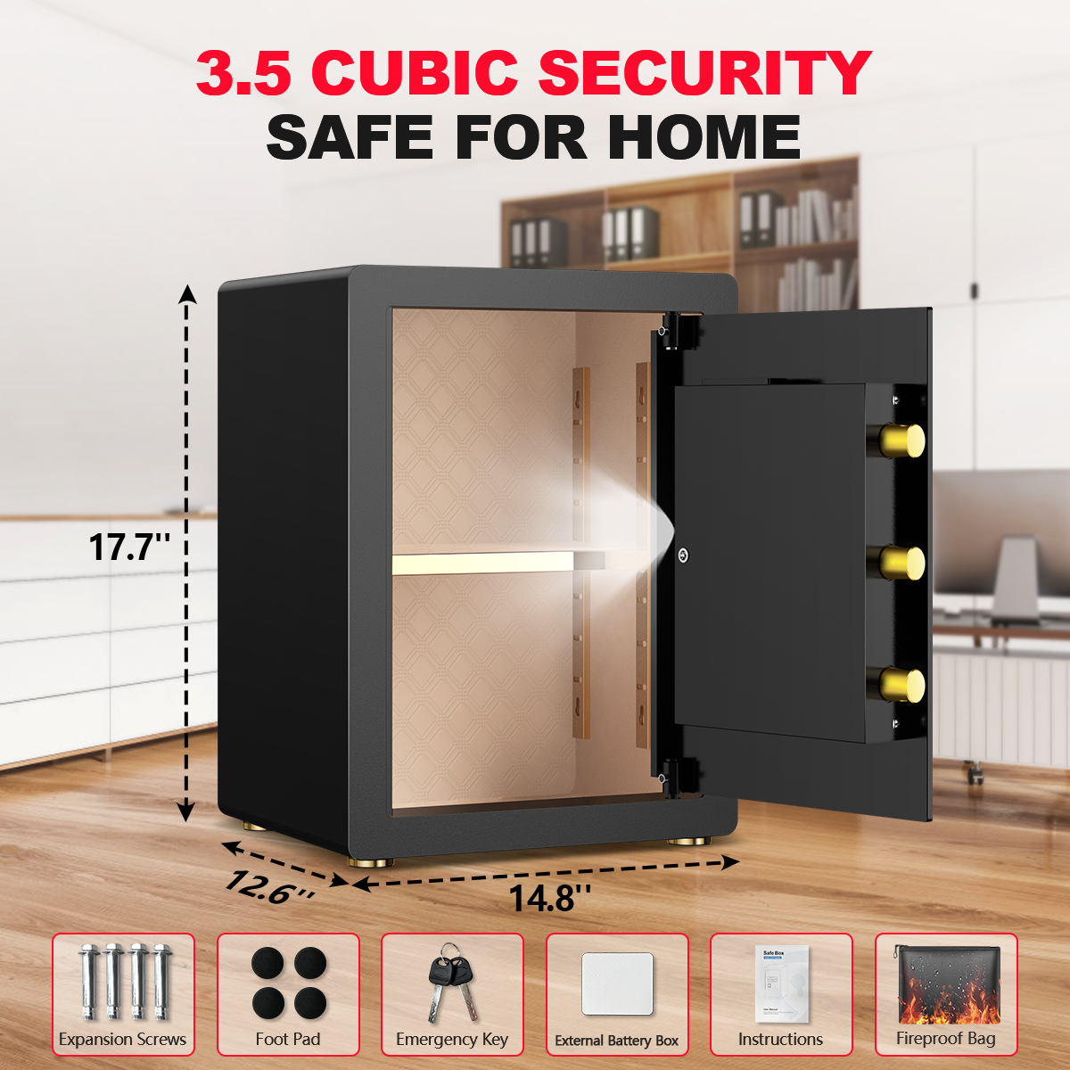 RYCUZO 3.5 Cuft Large Safe Box, Digital Keypad Home Security Safe With Fireproof Bag & Alarm System(Black)