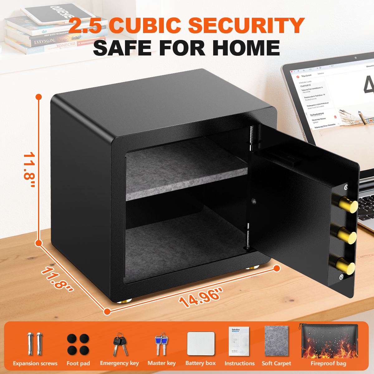RYCUZO 2.5 Cuft Safe Box, Digital Keypad Home Security Safe With Fireproof Waterproof Bag & Adjustable Shelf