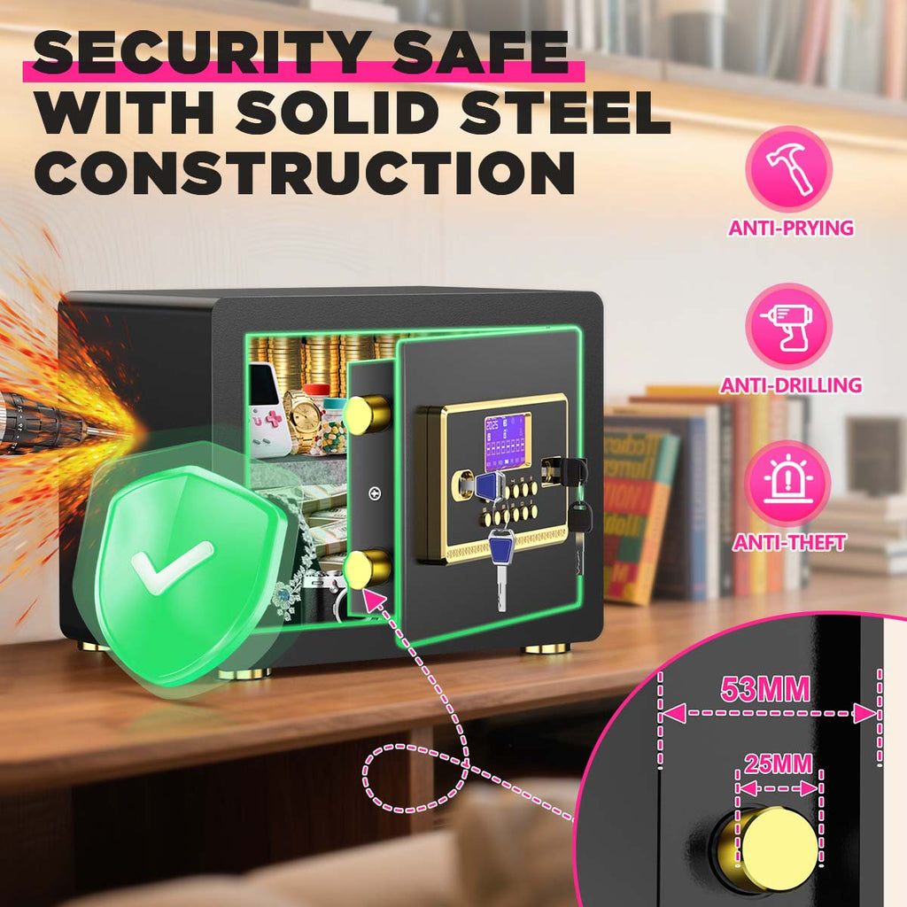 SYSENFO 1.5 Cuft Safe Box, Digital Keypad Home Security Safe With Fireproof Waterproof Bag & Adjustable Shelf