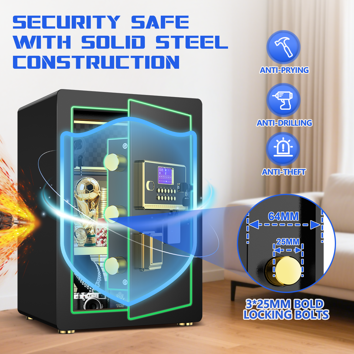 Gemaisil 5.0 Cuft Large Security Safe Box for Home & Office, Digital Keypad Lock, Built-in Alarm System & Fireproof Bag, Safe for Save Cash, Valuables (Black)