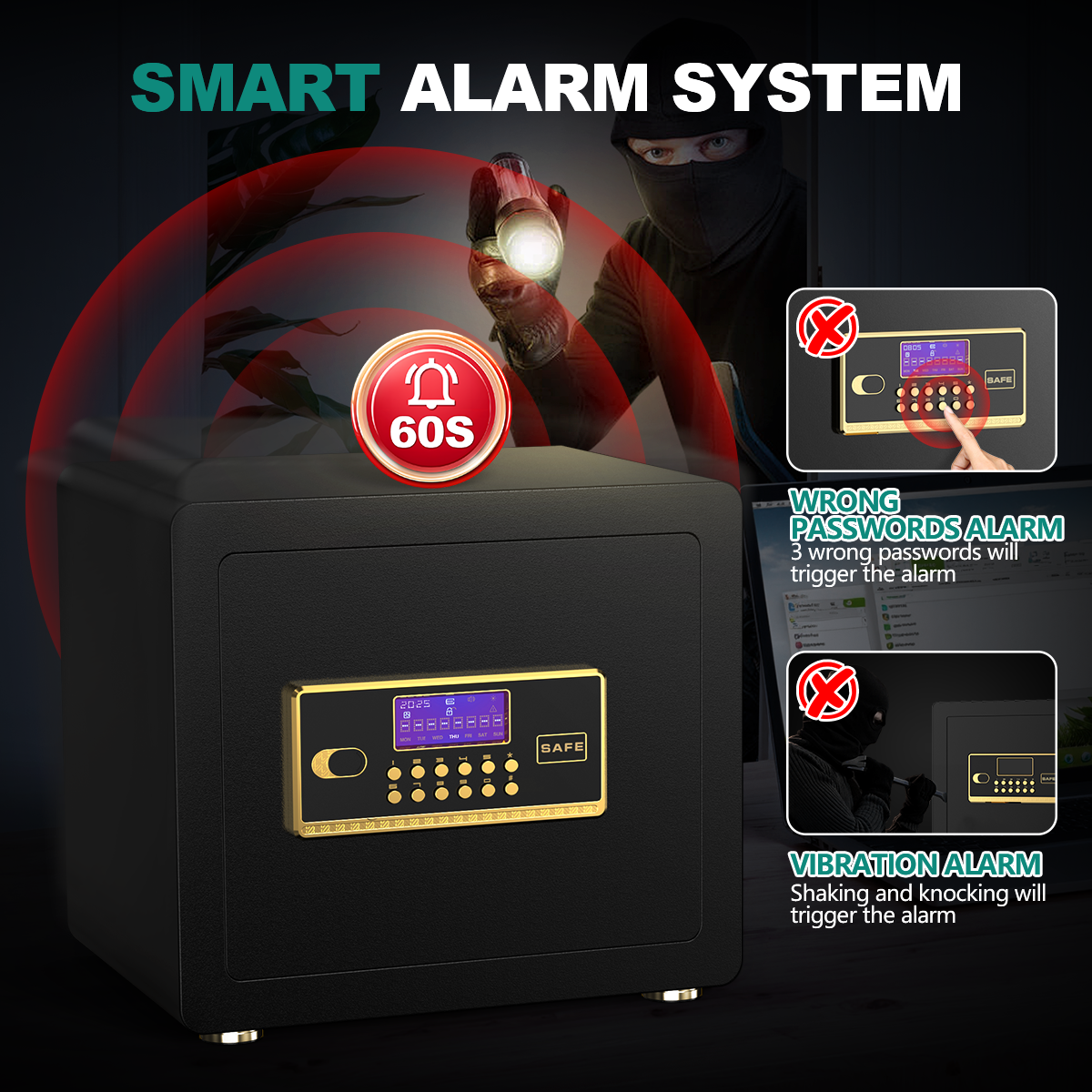 SYSENFO 1.5 Cuft Safe Box, Digital Keypad Home Security Safe With Fireproof Waterproof Bag & Adjustable Shelf