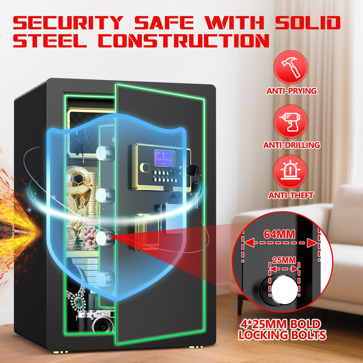 Gemaisil 5.5 Cuft Large Safe Box, Security Home Safe with Interior Safe Lock Box & Fireproof Document Bag
