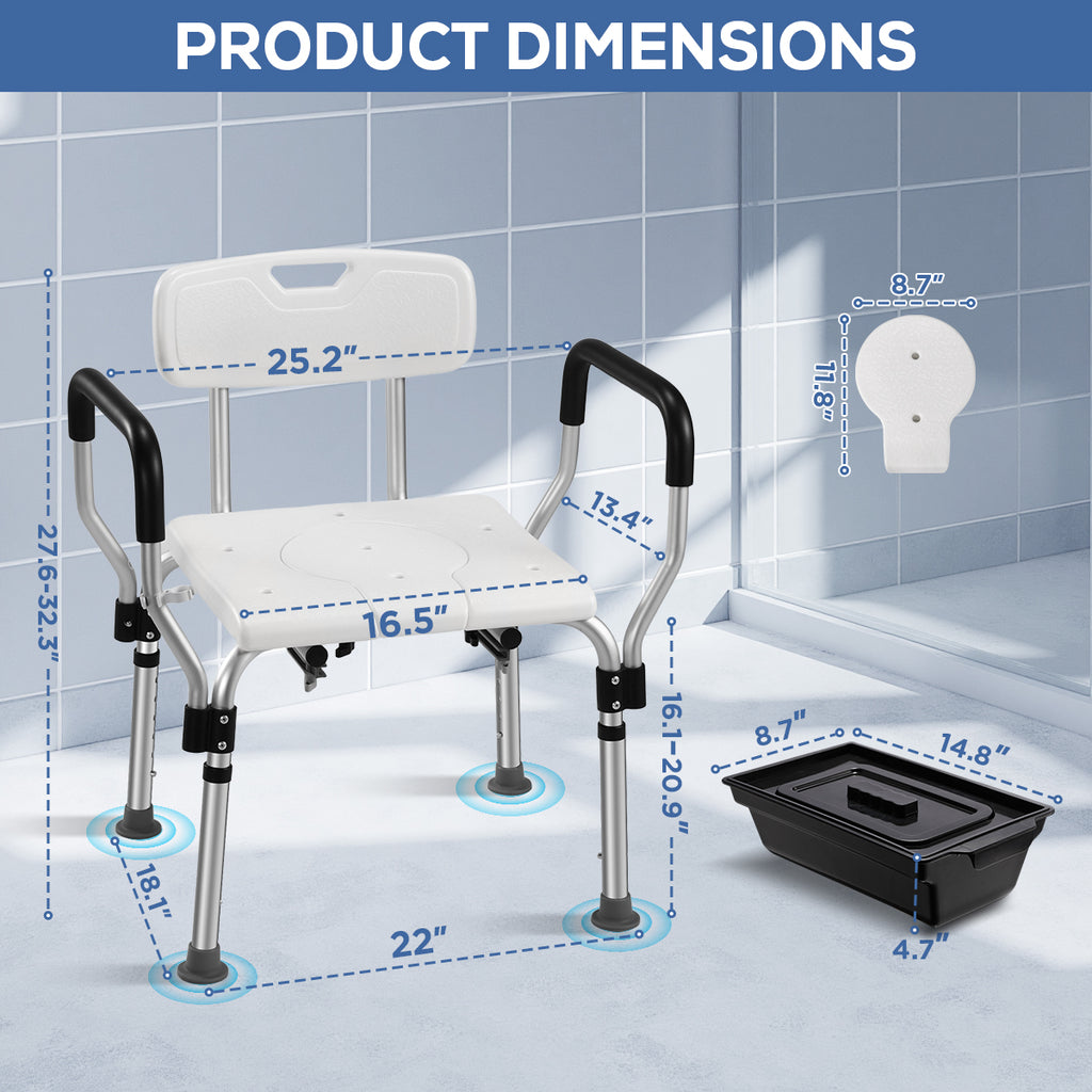 TNTANTS Shower Chair with Bedside Commode, Versatile 3 in 1 Shower Stool for Inside Shower, Raised Toilet Seat with Height Adjustable for Elderly, Disabled