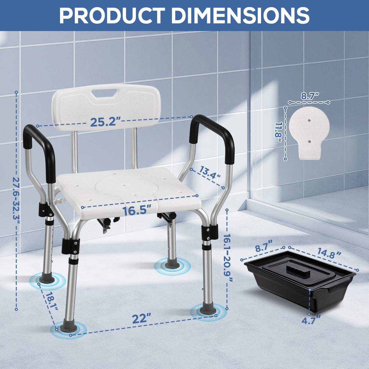 TNTANTS Shower Chair with Bedside Commode, Versatile 3 in 1 Shower Stool for Inside Shower, Raised Toilet Seat with Height Adjustable for Elderly, Disabled
