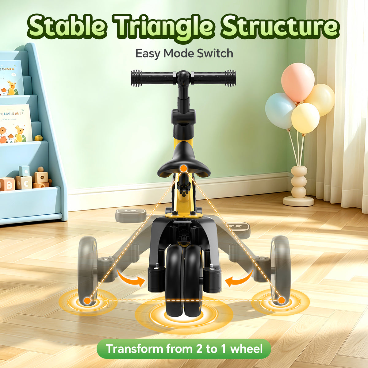 ODKDY 4 in 1 Toddler Bike, Kids Tricycle for 1-5 Years Old, Toddler Tricycle for Boy Girl, Baby Balance Bike with Parent Steering Push Handle, Removable Pedal, Adjustable Seat Yellow