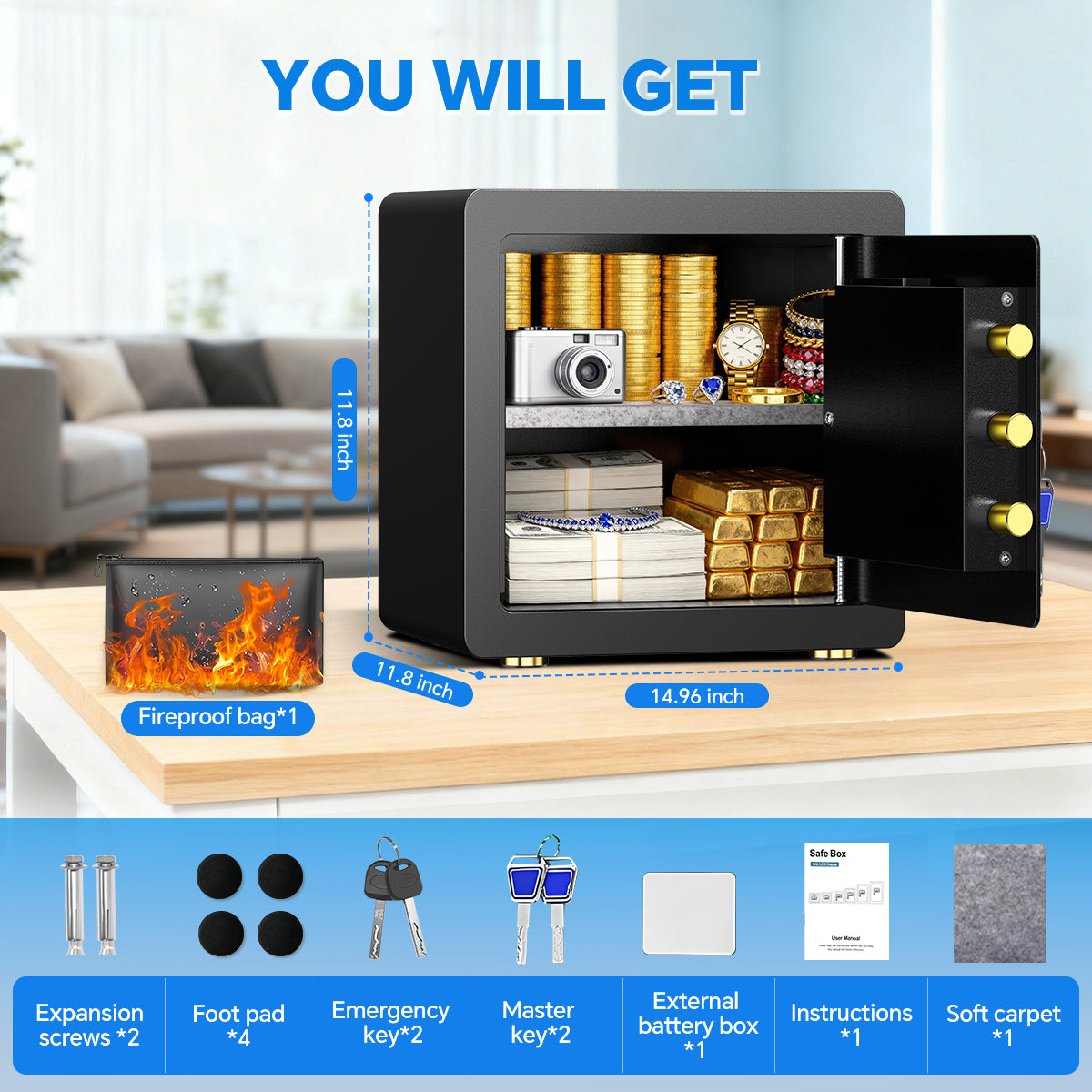 BESAFETY 2.5 Cuft Safe Box, Digital Keypad Home Security Safe With Fireproof Waterproof Bag & Adjustable Shelf