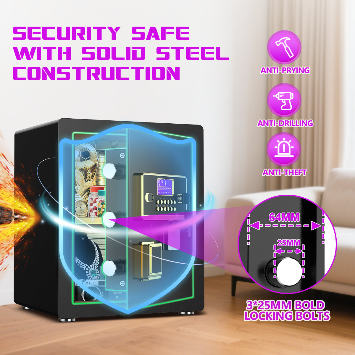 BESAFETY 3.0 Cuft Large Security Safe Box, Digital Keypad Lock, Built-in Alarm System & Fireproof Bag, Home & Office Safe for Cash, Valuables (Black)